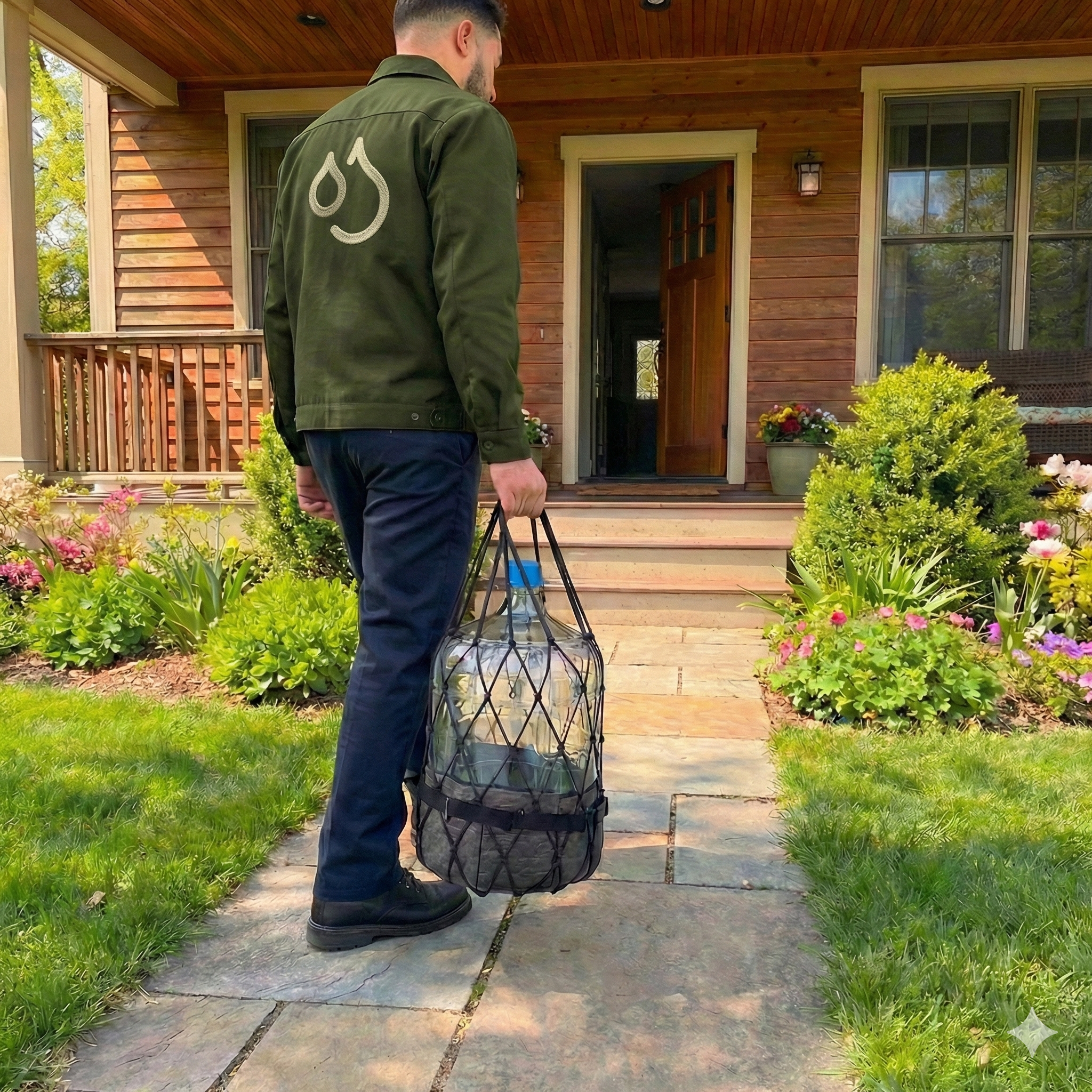 Concierge driver carrying glass vessel to front door