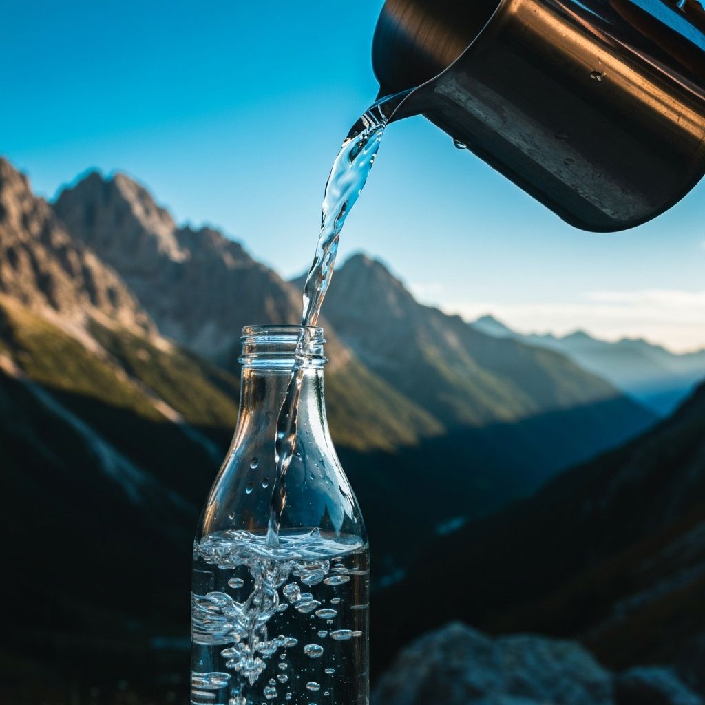 Pure mountain water being poured into glass